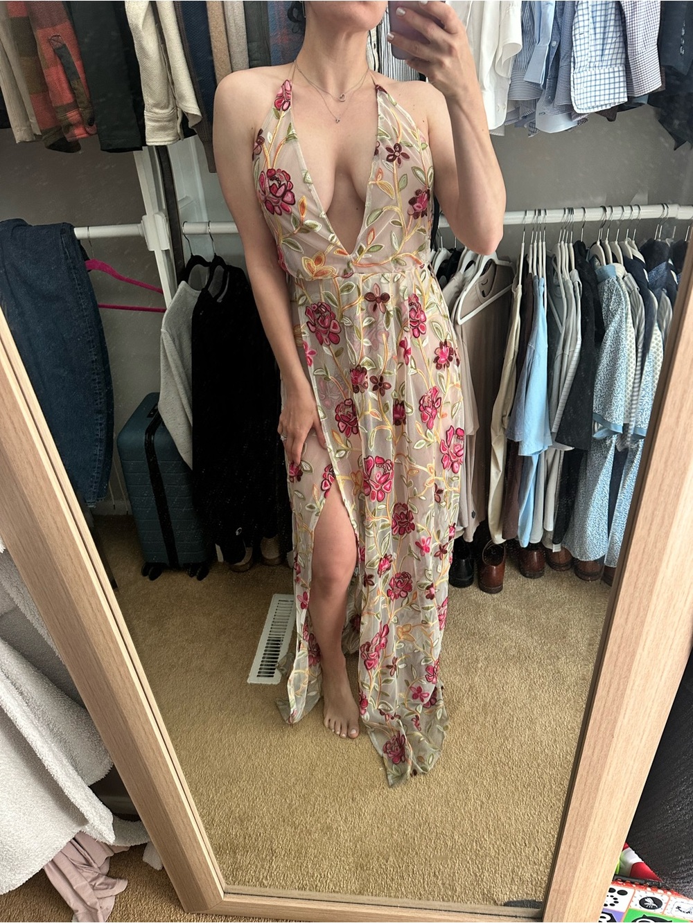 Floral Halter Maxi Dress in Beige with Pink Flower Embroidery